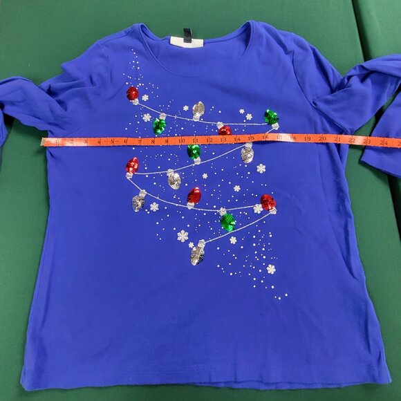 Karen Scott royal blue long sleeve Christmas holiday t-shirt sequin lights EUC - Picture 5 of 8